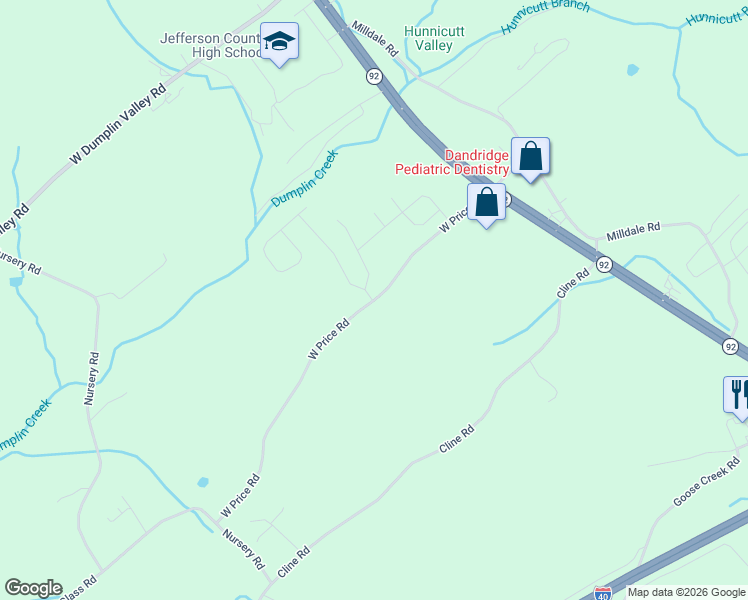 map of restaurants, bars, coffee shops, grocery stores, and more near 208 W Price Rd in Dandridge