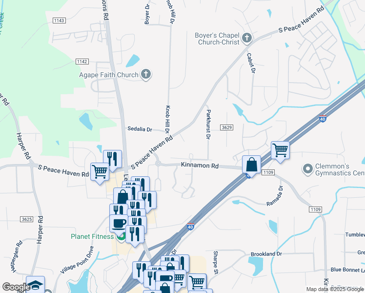 map of restaurants, bars, coffee shops, grocery stores, and more near 945 Parker Court in Winston-Salem