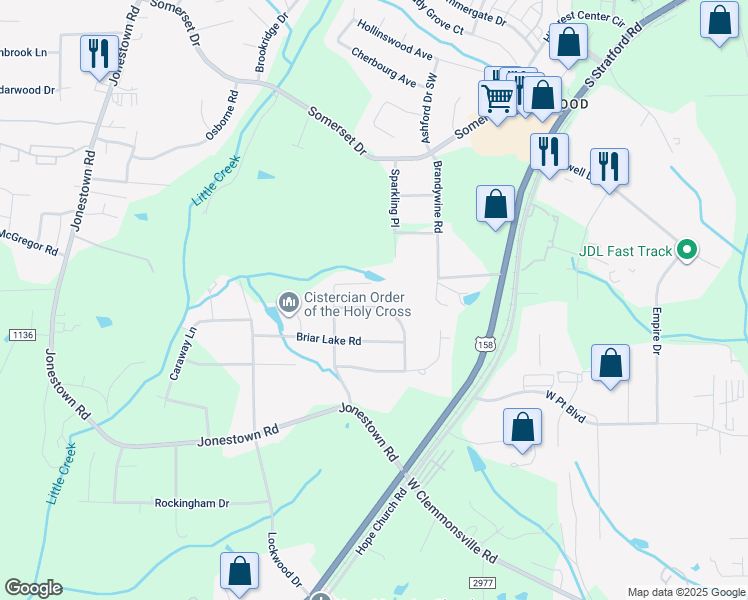 map of restaurants, bars, coffee shops, grocery stores, and more near 1817 Hunters Forest Drive in Winston-Salem