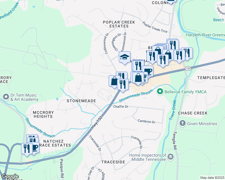 map of restaurants, bars, coffee shops, grocery stores, and more near 8216 Highway 100 in Nashville