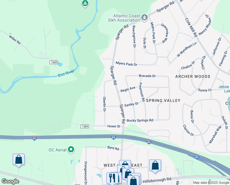 map of restaurants, bars, coffee shops, grocery stores, and more near 2713 Sparger Road in Durham