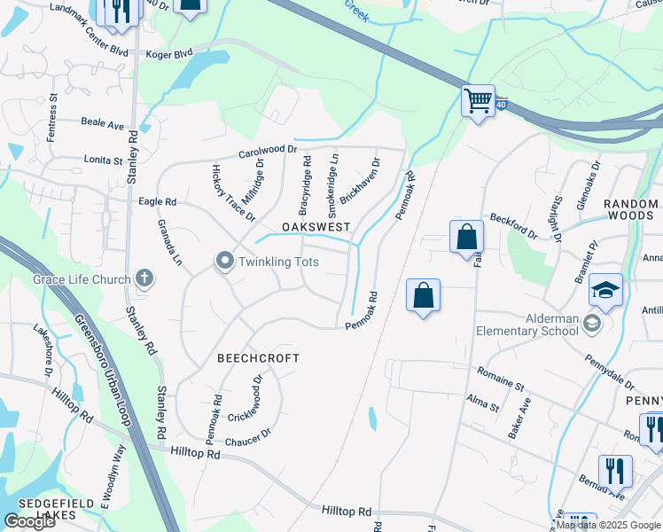 map of restaurants, bars, coffee shops, grocery stores, and more near 4 Wonderwood Court in Greensboro