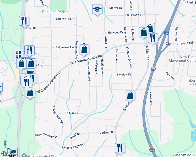 map of restaurants, bars, coffee shops, grocery stores, and more near 3725 Clinard Avenue in Winston-Salem