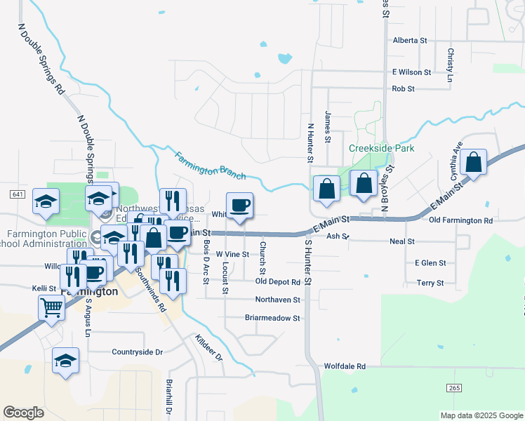 map of restaurants, bars, coffee shops, grocery stores, and more near 58 White Street in Farmington