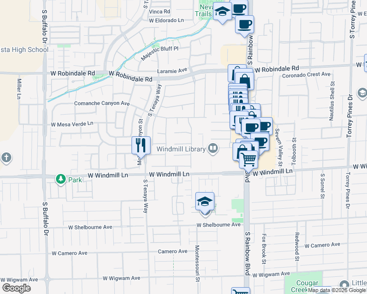 map of restaurants, bars, coffee shops, grocery stores, and more near 7185 Windy Peak Court in Las Vegas