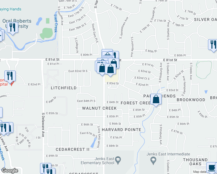map of restaurants, bars, coffee shops, grocery stores, and more near 3349 South Harvard Place in Tulsa