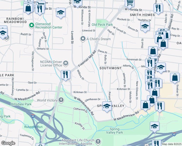 map of restaurants, bars, coffee shops, grocery stores, and more near 1816 McCormick Street in Greensboro