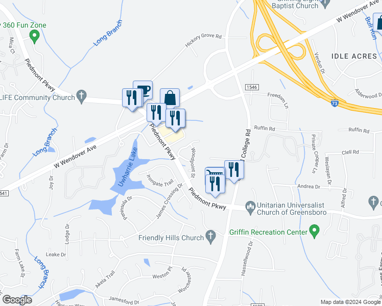 map of restaurants, bars, coffee shops, grocery stores, and more near 3128 High Bridge Circle in Jamestown