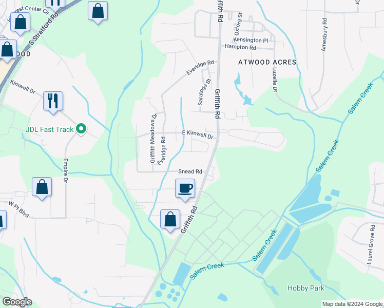 map of restaurants, bars, coffee shops, grocery stores, and more near 2310 Hartfield Circle in Winston-Salem