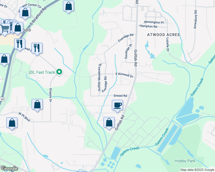 map of restaurants, bars, coffee shops, grocery stores, and more near 148 Everidge Road in Winston-Salem