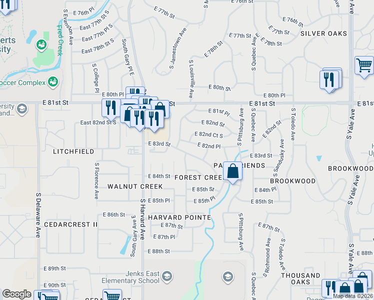 map of restaurants, bars, coffee shops, grocery stores, and more near 3728 East 82nd Place in Tulsa