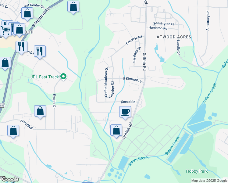 map of restaurants, bars, coffee shops, grocery stores, and more near 148 Everidge Road in Winston-Salem