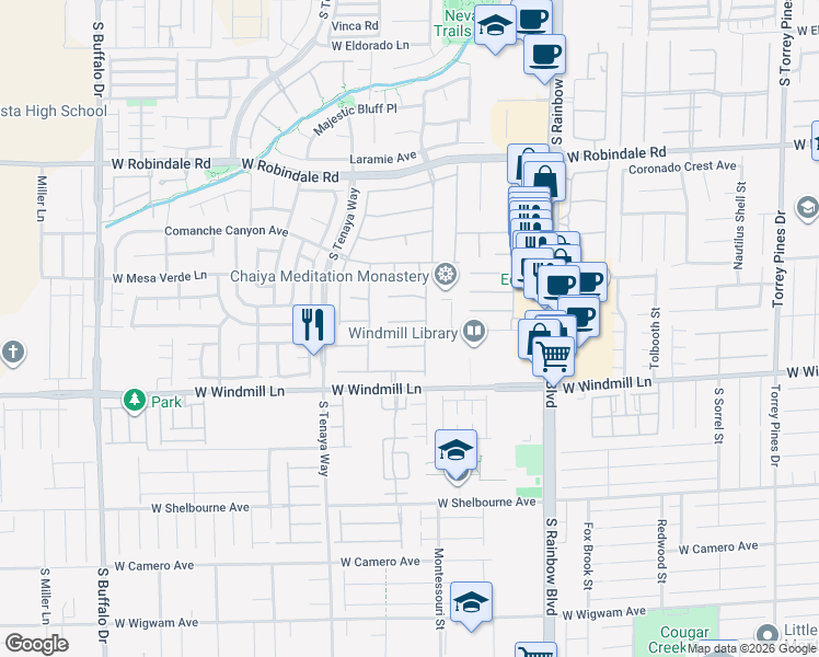 map of restaurants, bars, coffee shops, grocery stores, and more near 7185 Windy Peak Court in Las Vegas