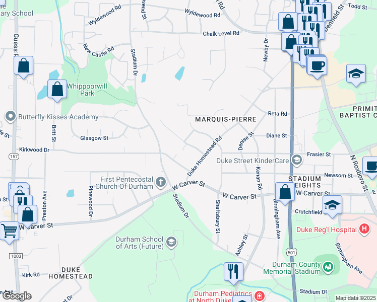 map of restaurants, bars, coffee shops, grocery stores, and more near 915 Ferncrest Drive in Durham