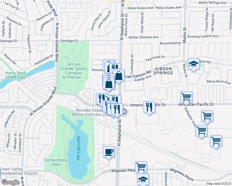 map of restaurants, bars, coffee shops, grocery stores, and more near 221 North Stephanie Street in Henderson