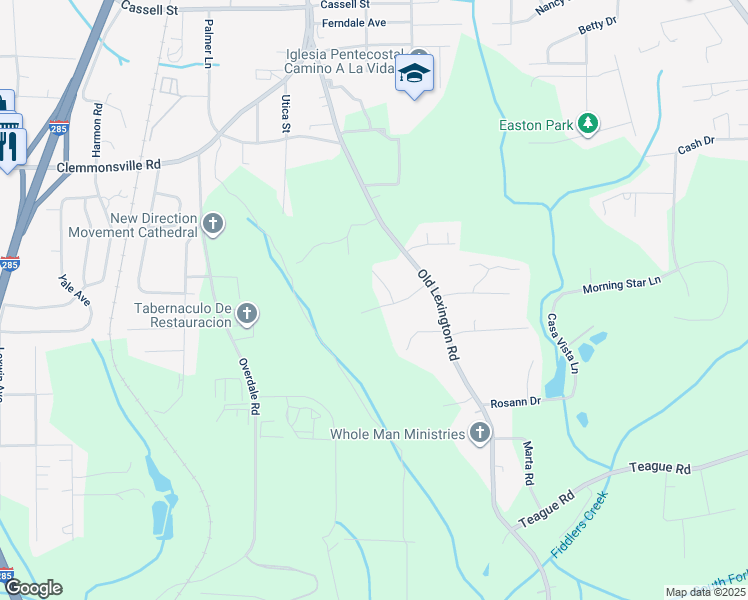 map of restaurants, bars, coffee shops, grocery stores, and more near Brookhaven Drive in Winston-Salem