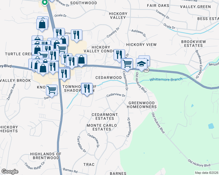 map of restaurants, bars, coffee shops, grocery stores, and more near 427 Cedarvalley Drive in Nashville