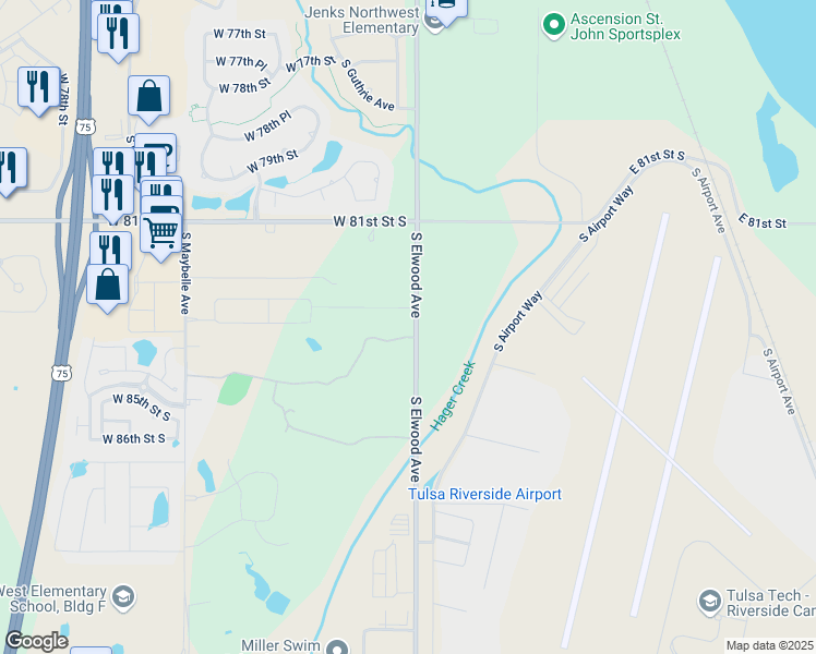 map of restaurants, bars, coffee shops, grocery stores, and more near 8300 South Elwood Avenue in Tulsa