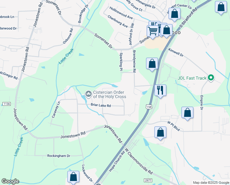 map of restaurants, bars, coffee shops, grocery stores, and more near 1817 Hunters Forest Drive in Winston-Salem