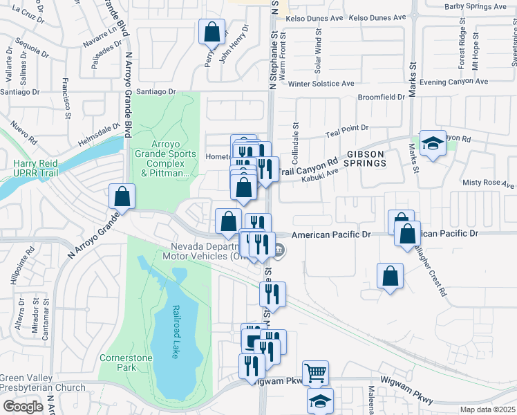 map of restaurants, bars, coffee shops, grocery stores, and more near 221 North Stephanie Street in Henderson