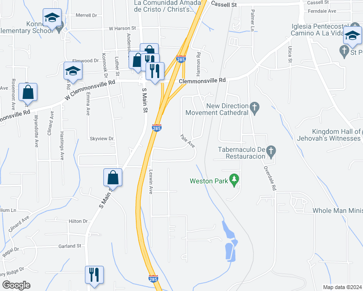 map of restaurants, bars, coffee shops, grocery stores, and more near 3652 Cornell Boulevard in Winston-Salem