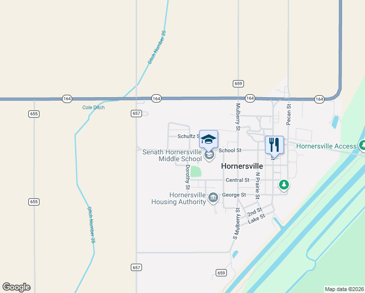 map of restaurants, bars, coffee shops, grocery stores, and more near 651-699 Branum St in Hornersville