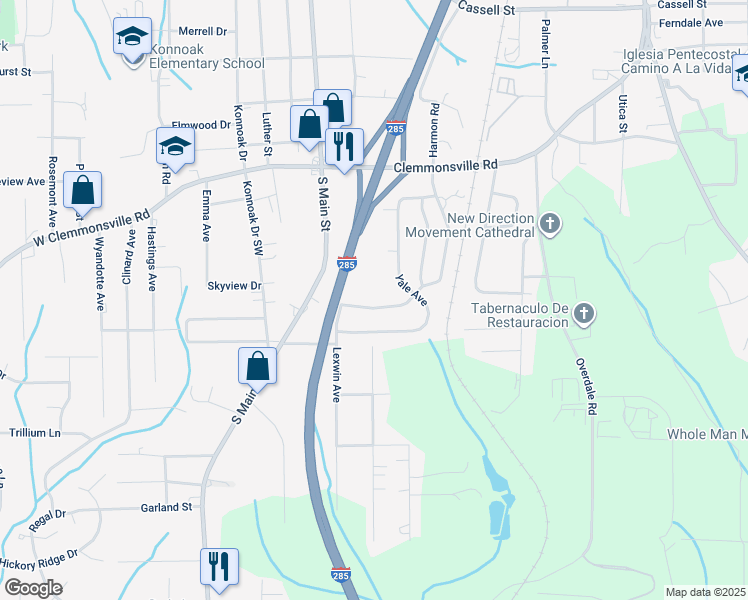 map of restaurants, bars, coffee shops, grocery stores, and more near 3644 Yale Avenue in Winston-Salem