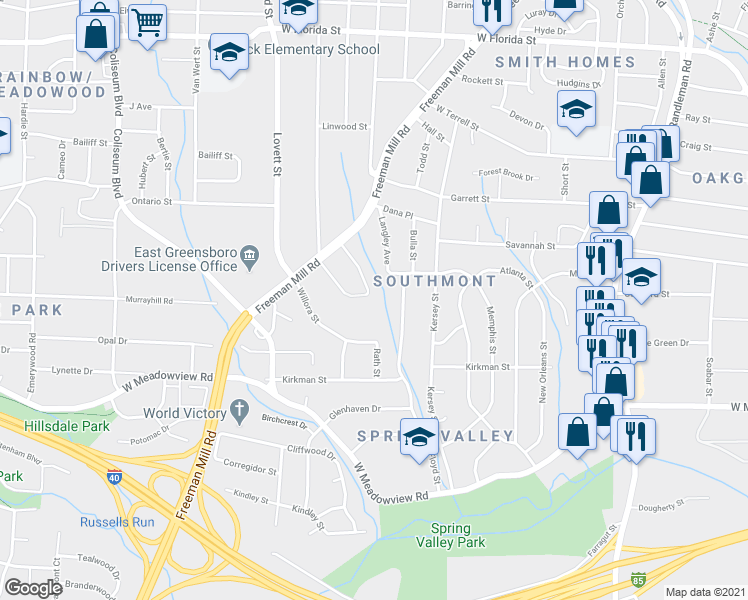 map of restaurants, bars, coffee shops, grocery stores, and more near 1827 McCormick Street in Greensboro