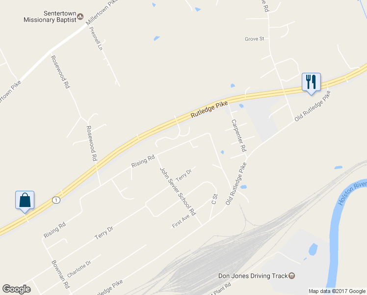 map of restaurants, bars, coffee shops, grocery stores, and more near 7324 Rising Road in Knoxville