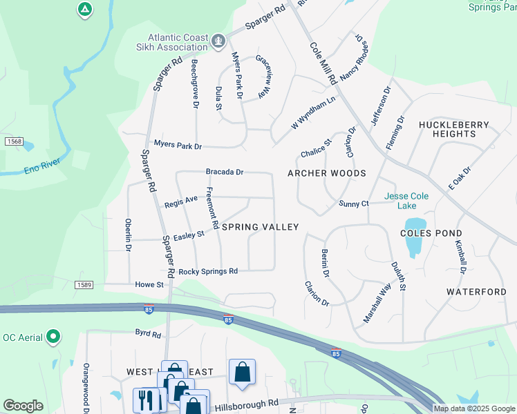 map of restaurants, bars, coffee shops, grocery stores, and more near 4309 Regis Avenue in Durham