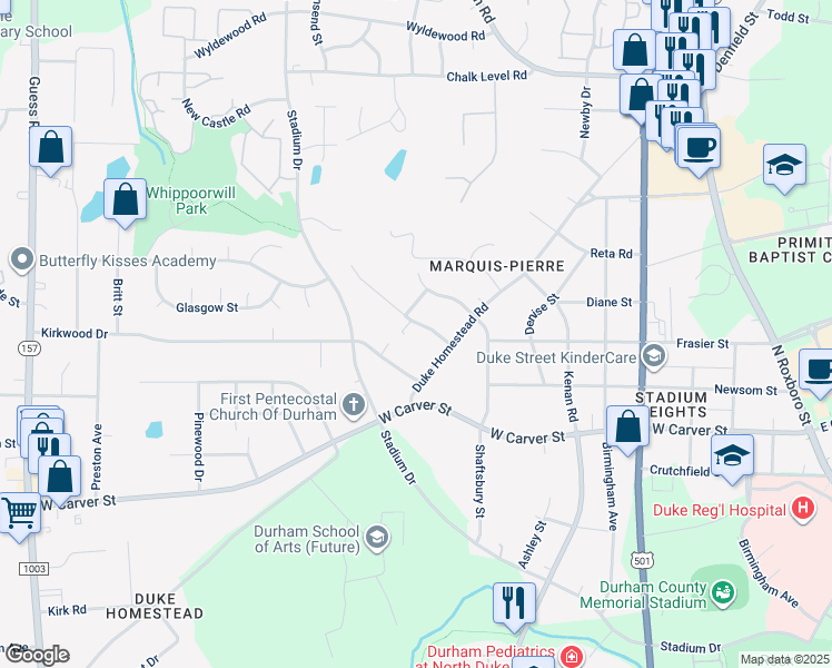 map of restaurants, bars, coffee shops, grocery stores, and more near 915 Ferncrest Drive in Durham
