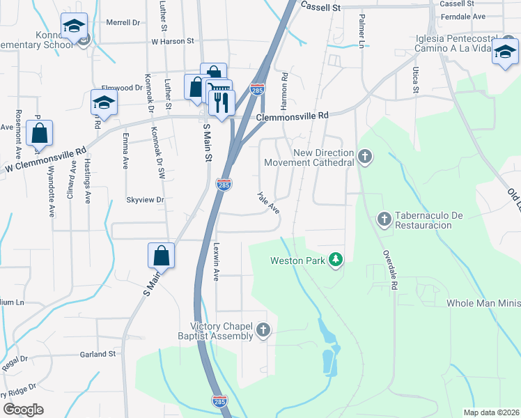 map of restaurants, bars, coffee shops, grocery stores, and more near 3644 Yale Avenue in Winston-Salem