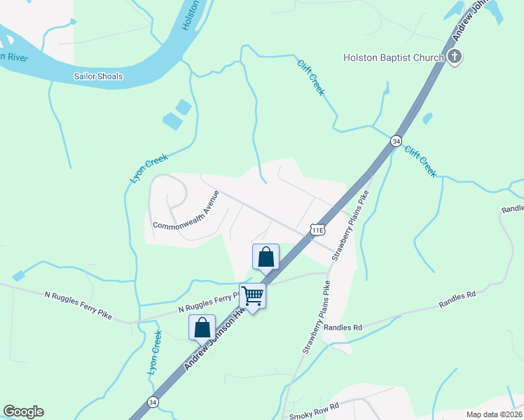 map of restaurants, bars, coffee shops, grocery stores, and more near 9409 Johnson Road in Strawberry Plains