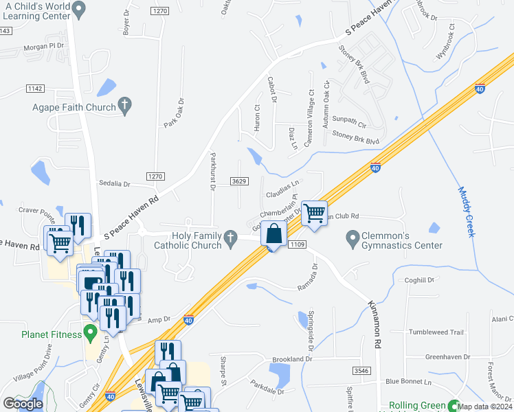 map of restaurants, bars, coffee shops, grocery stores, and more near 2288 Catherines Way in Winston-Salem