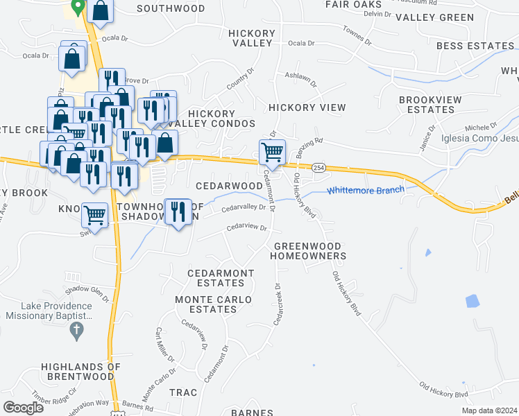 map of restaurants, bars, coffee shops, grocery stores, and more near 411 Cedarvalley Drive in Nashville