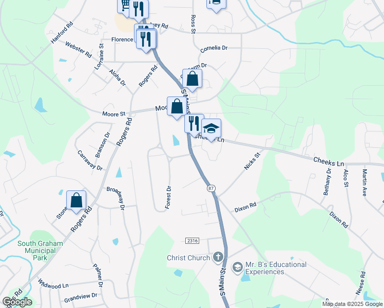 map of restaurants, bars, coffee shops, grocery stores, and more near South Main Street in Graham