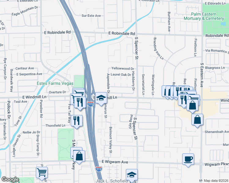 map of restaurants, bars, coffee shops, grocery stores, and more near 1553 Rowan Tree Drive in Las Vegas