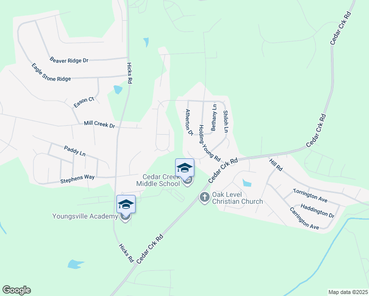 map of restaurants, bars, coffee shops, grocery stores, and more near 115 Bondhu Place in Youngsville
