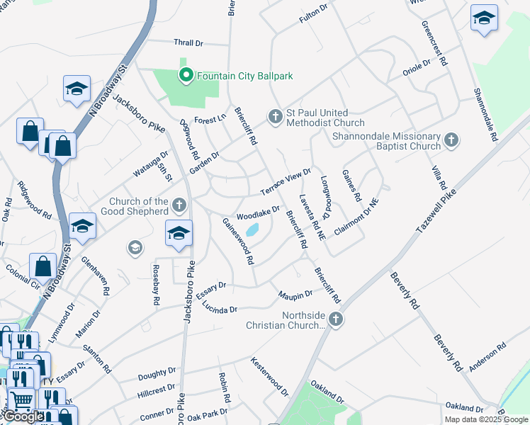 map of restaurants, bars, coffee shops, grocery stores, and more near 3811 Woodlake Drive in Knoxville