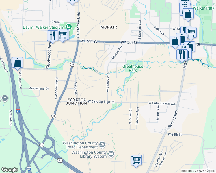 map of restaurants, bars, coffee shops, grocery stores, and more near 1824 South Garland Avenue in Fayetteville