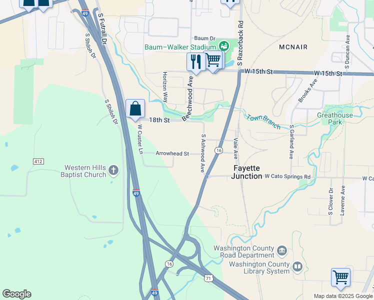 map of restaurants, bars, coffee shops, grocery stores, and more near 1644 Arrowhead Street in Fayetteville