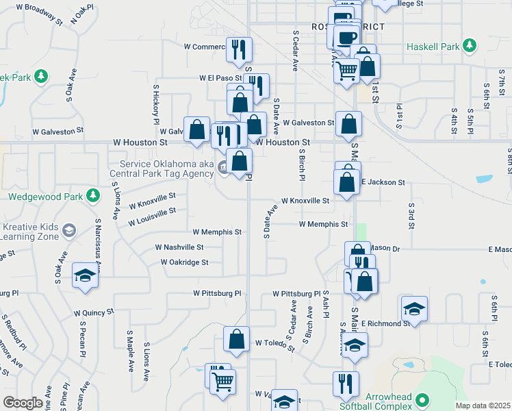 map of restaurants, bars, coffee shops, grocery stores, and more near 521 West Knoxville Street in Broken Arrow