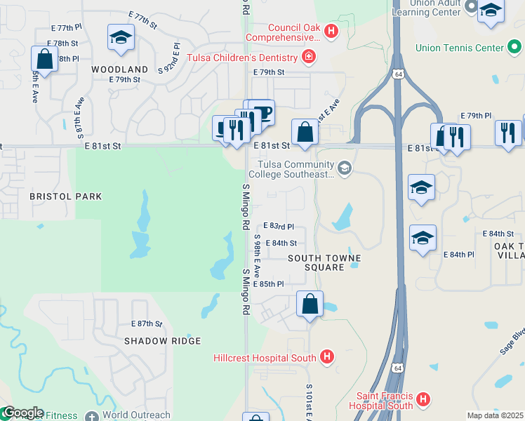 map of restaurants, bars, coffee shops, grocery stores, and more near 8215 South Mingo Road in Tulsa