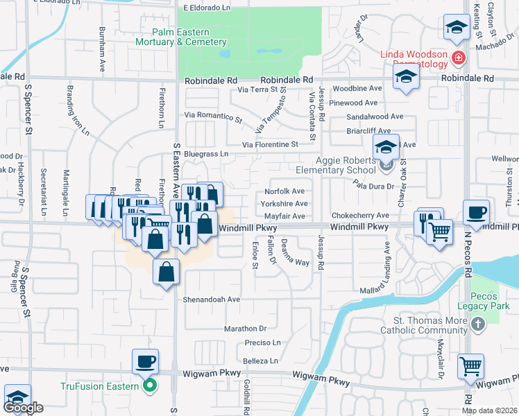 map of restaurants, bars, coffee shops, grocery stores, and more near 2837 Yorkshire Avenue in Henderson