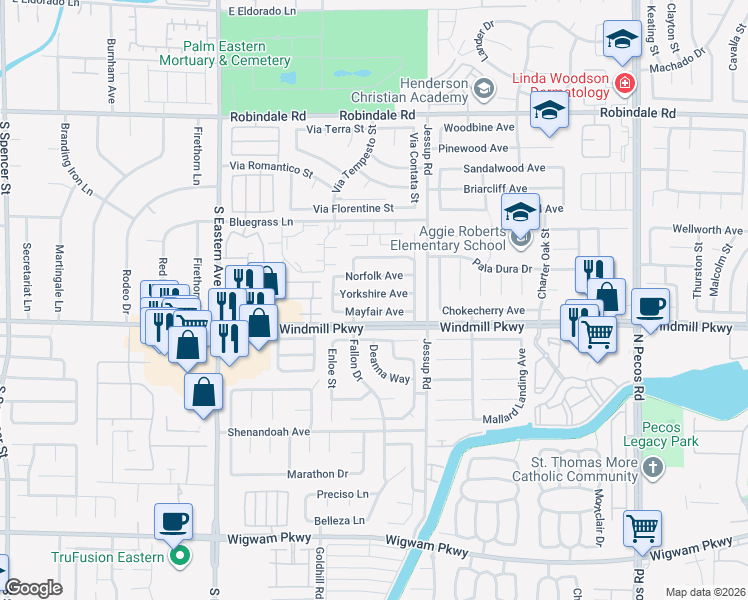 map of restaurants, bars, coffee shops, grocery stores, and more near 2818 Yorkshire Avenue in Henderson