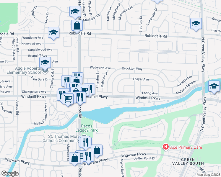 map of restaurants, bars, coffee shops, grocery stores, and more near 2416 Tilden Way in Henderson