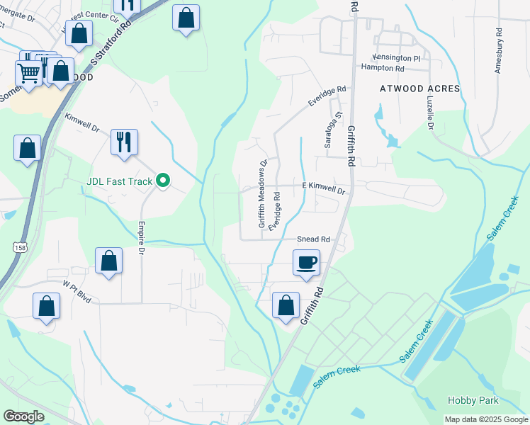 map of restaurants, bars, coffee shops, grocery stores, and more near 2551 Griffith Meadows Drive in Winston-Salem