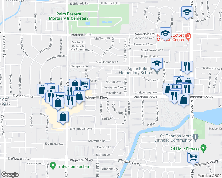 map of restaurants, bars, coffee shops, grocery stores, and more near 2823 Yorkshire Avenue in Henderson