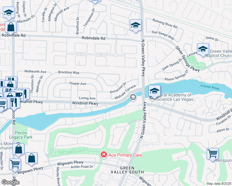 map of restaurants, bars, coffee shops, grocery stores, and more near 2231 Armacost Drive in Henderson