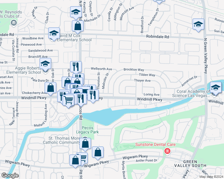 map of restaurants, bars, coffee shops, grocery stores, and more near 2416 Tilden Way in Henderson